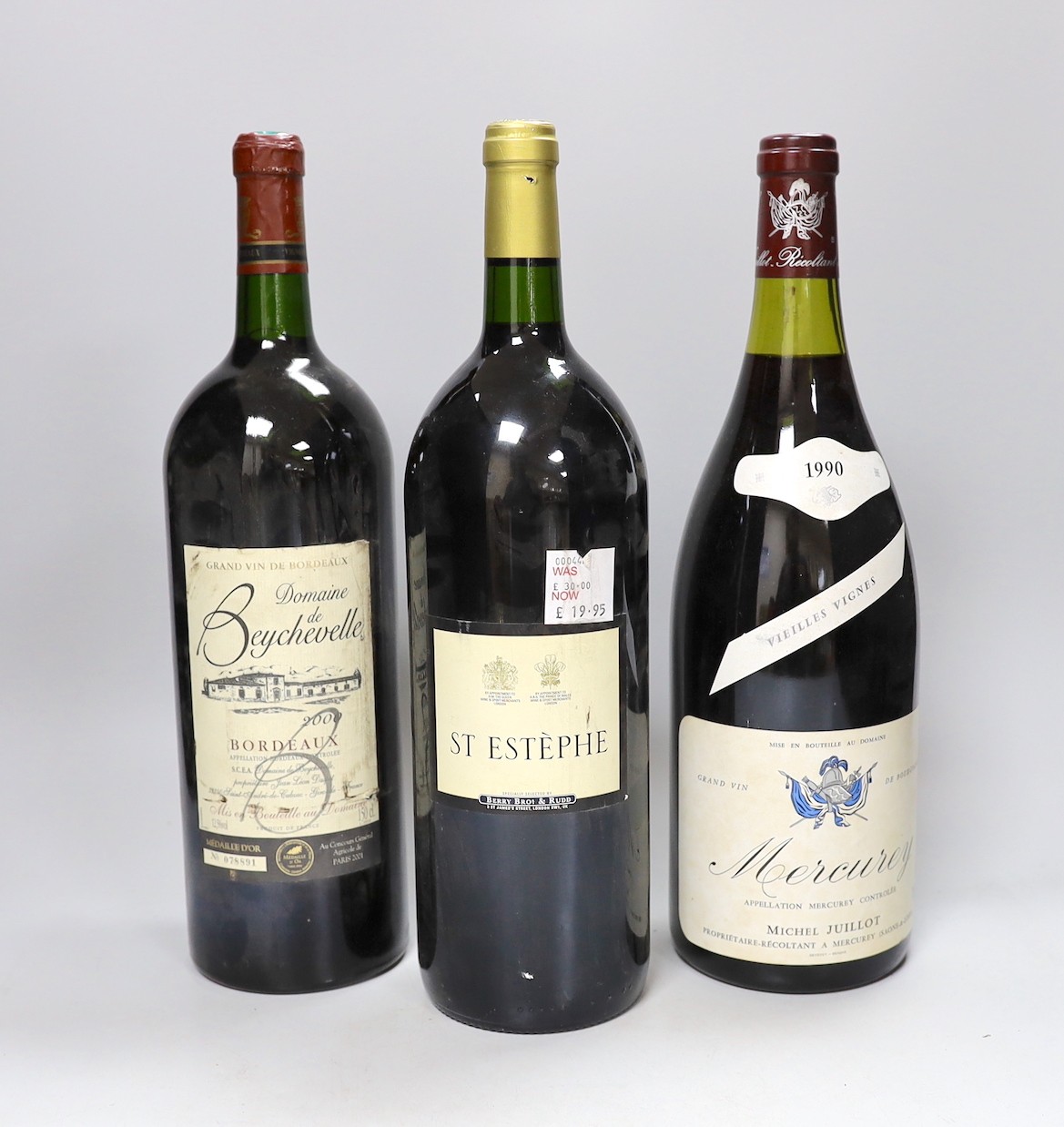 A bottle of Domaine de Beychevelle, Bordeaux 2000, a 1990 Mercurey and a bottle of St Estephe, (3)